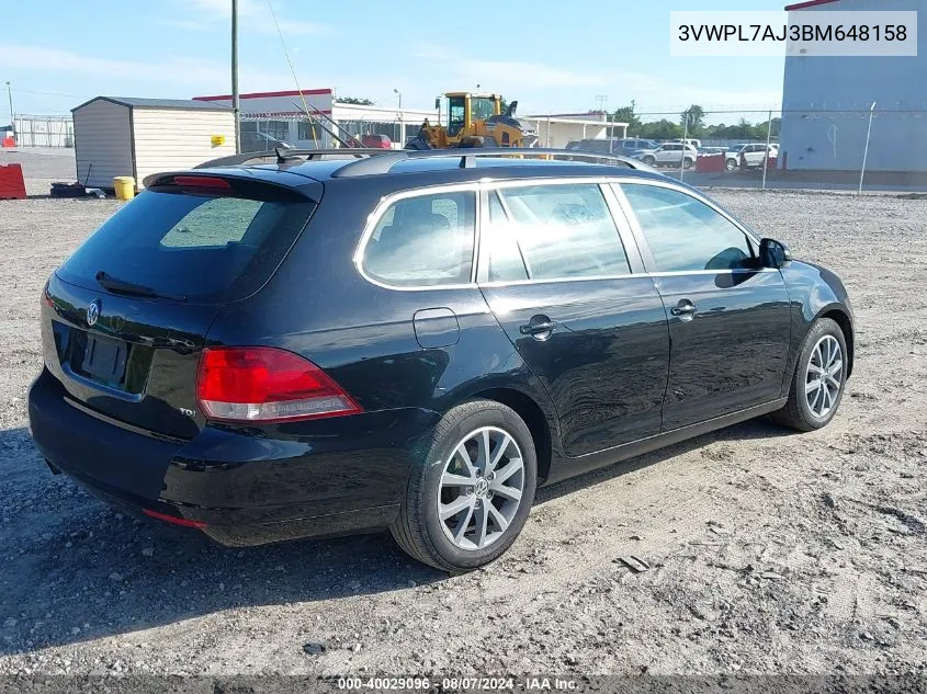 2011 Volkswagen Jetta Sportwagen 2.0L Tdi VIN: 3VWPL7AJ3BM648158 Lot: 40029096