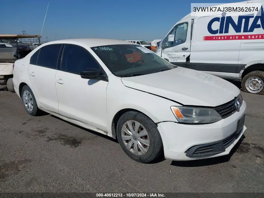 2011 Volkswagen Jetta 2.0L S VIN: 3VW1K7AJ3BM362674 Lot: 40512213