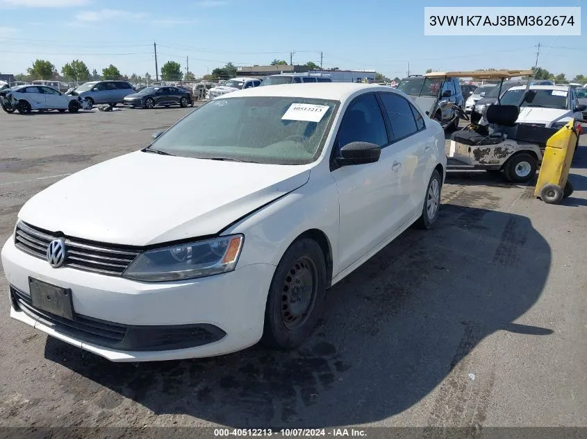 2011 Volkswagen Jetta 2.0L S VIN: 3VW1K7AJ3BM362674 Lot: 40512213