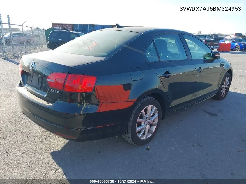 2011 Volkswagen Jetta 2.5L Se VIN: 3VWDX7AJ6BM324953 Lot: 40665736