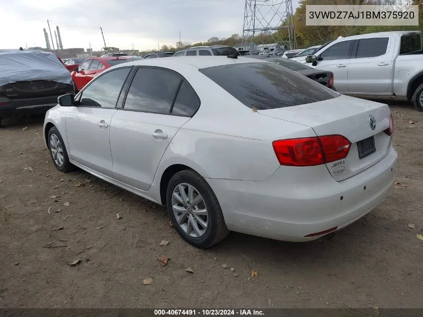 2011 Volkswagen Jetta 2.5L Se VIN: 3VWDZ7AJ1BM375920 Lot: 40674491