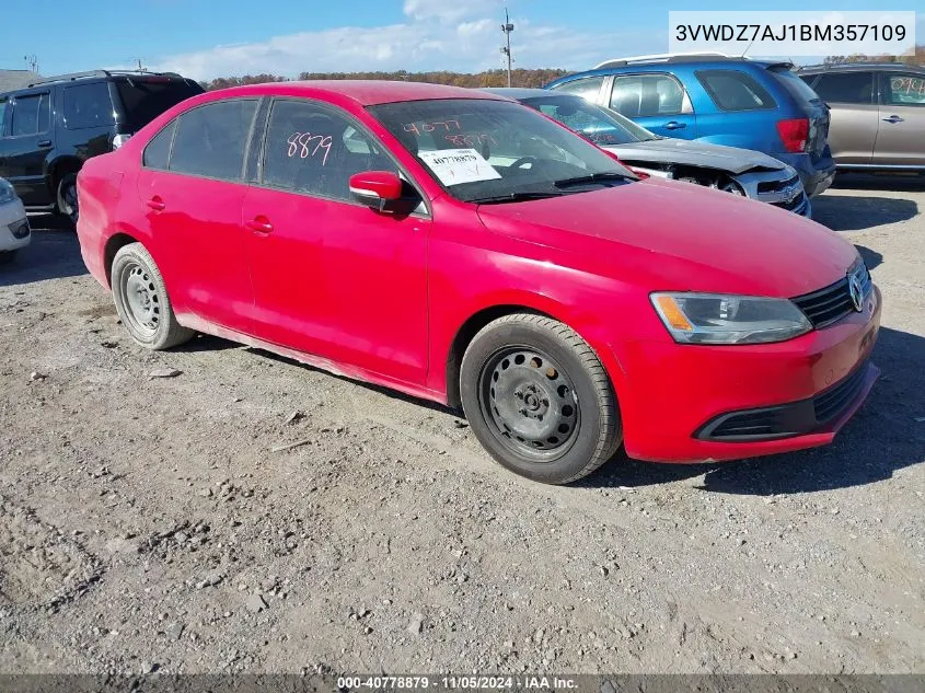 2011 Volkswagen Jetta 2.5L Se VIN: 3VWDZ7AJ1BM357109 Lot: 40778879