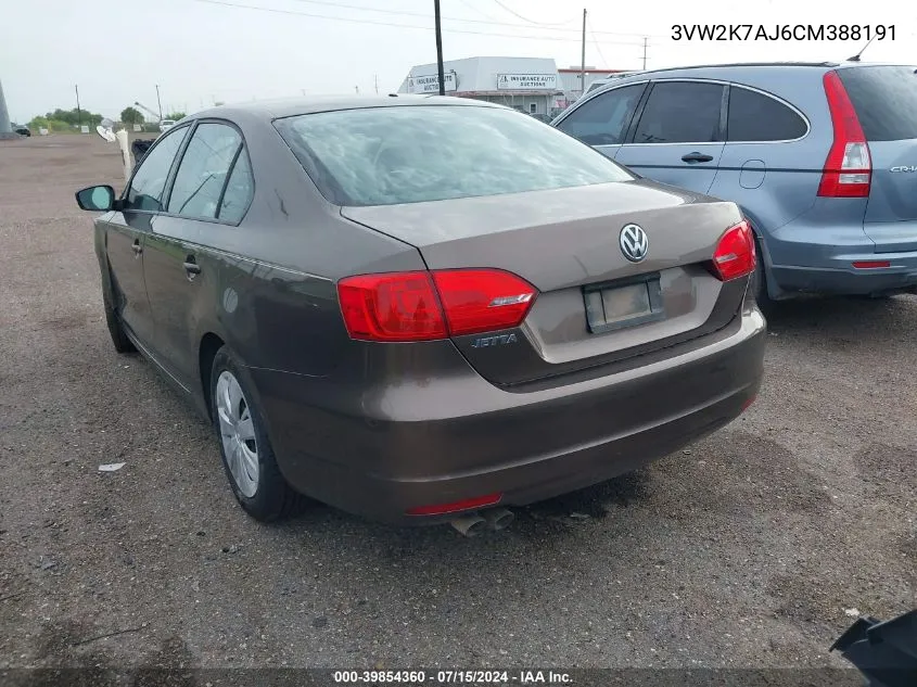 2012 Volkswagen Jetta 2.0L S VIN: 3VW2K7AJ6CM388191 Lot: 39854360