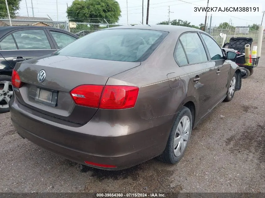 2012 Volkswagen Jetta 2.0L S VIN: 3VW2K7AJ6CM388191 Lot: 39854360