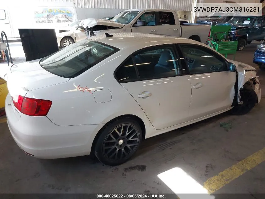 3VWDP7AJ3CM316231 2012 Volkswagen Jetta 2.5L Se