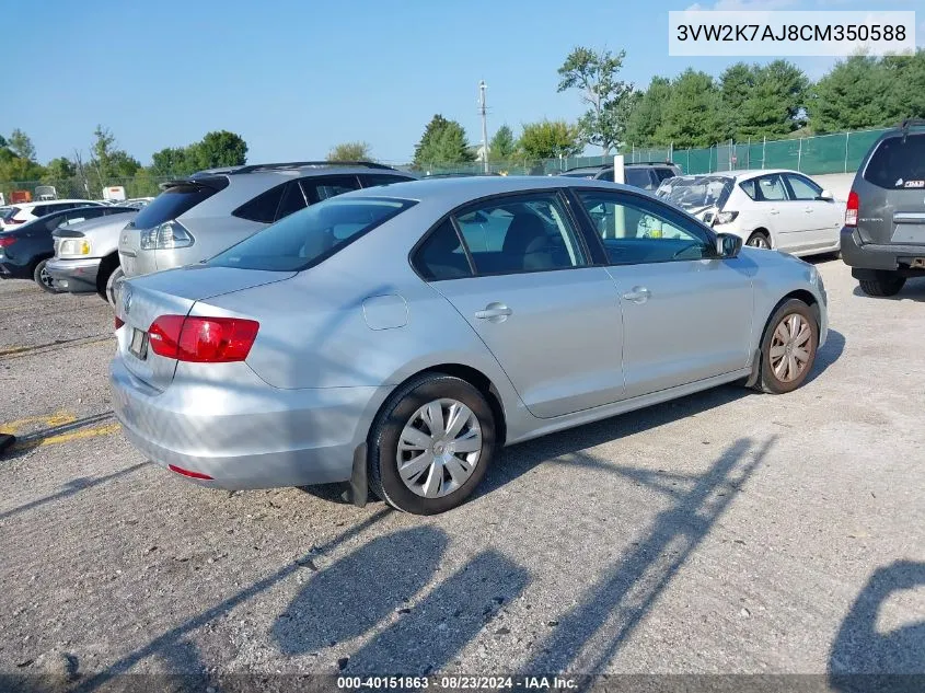 3VW2K7AJ8CM350588 2012 Volkswagen Jetta 2.0L S