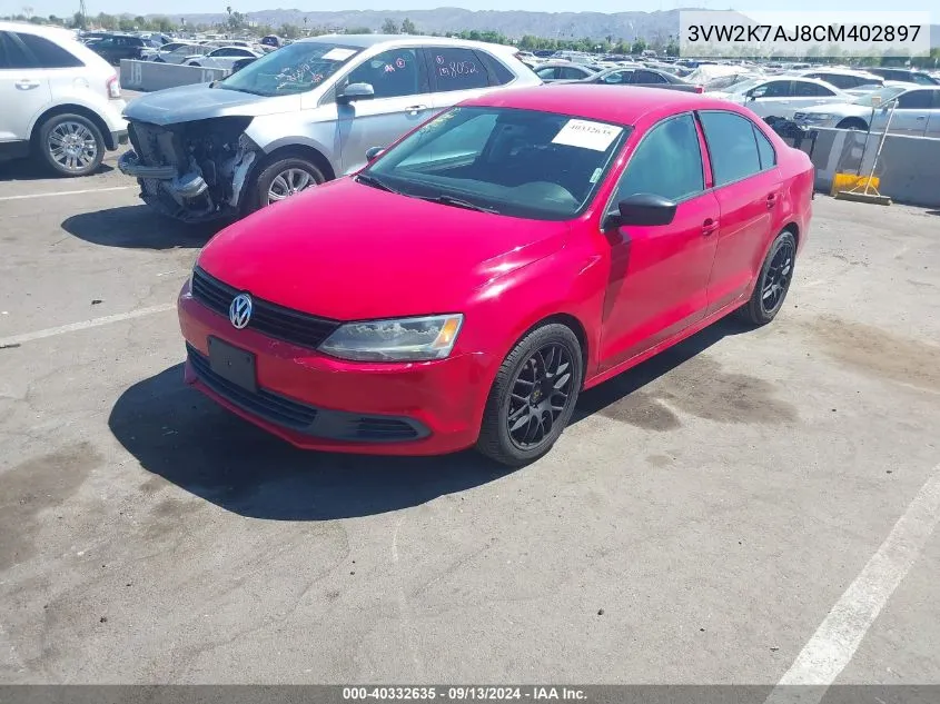 3VW2K7AJ8CM402897 2012 Volkswagen Jetta 2.0L S