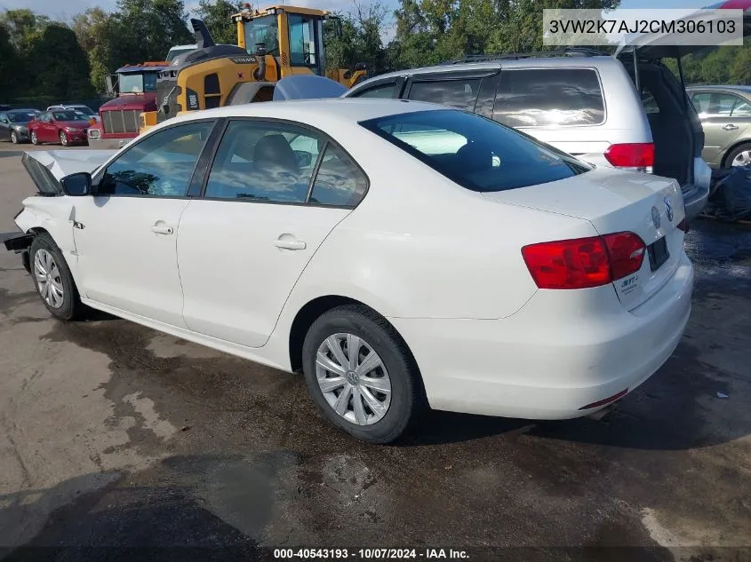 3VW2K7AJ2CM306103 2012 Volkswagen Jetta 2.0L S