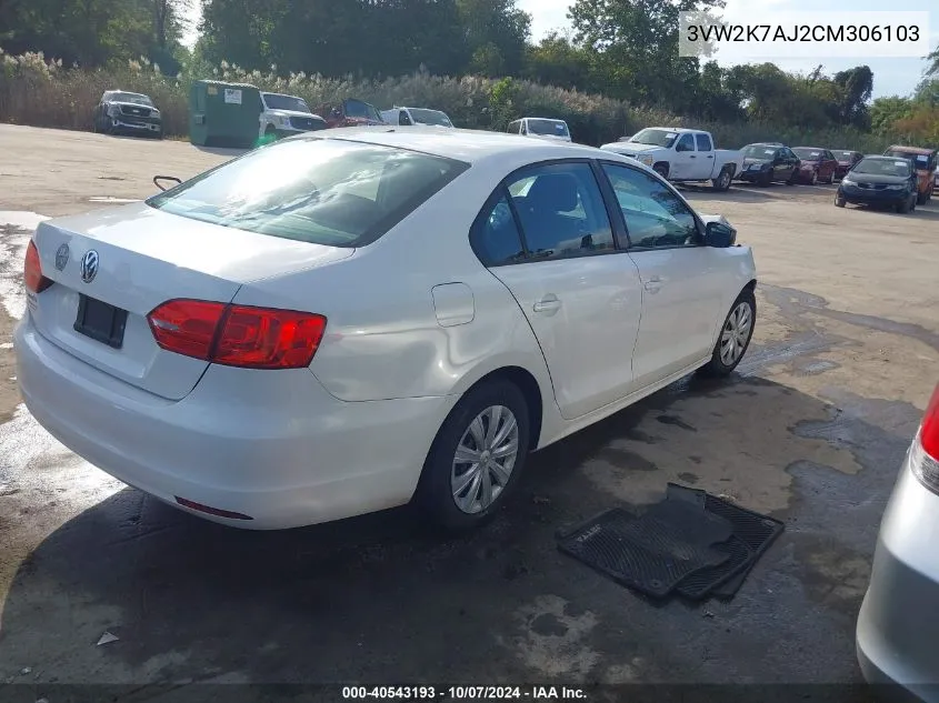 2012 Volkswagen Jetta 2.0L S VIN: 3VW2K7AJ2CM306103 Lot: 40543193