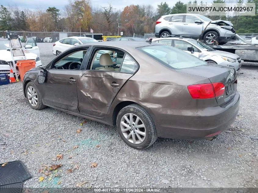 2012 Volkswagen Jetta 2.5L Se VIN: 3VWDP7AJ0CM402967 Lot: 40771790