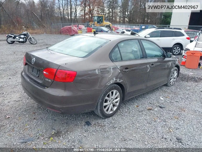 2012 Volkswagen Jetta 2.5L Se VIN: 3VWDP7AJ0CM402967 Lot: 40771790