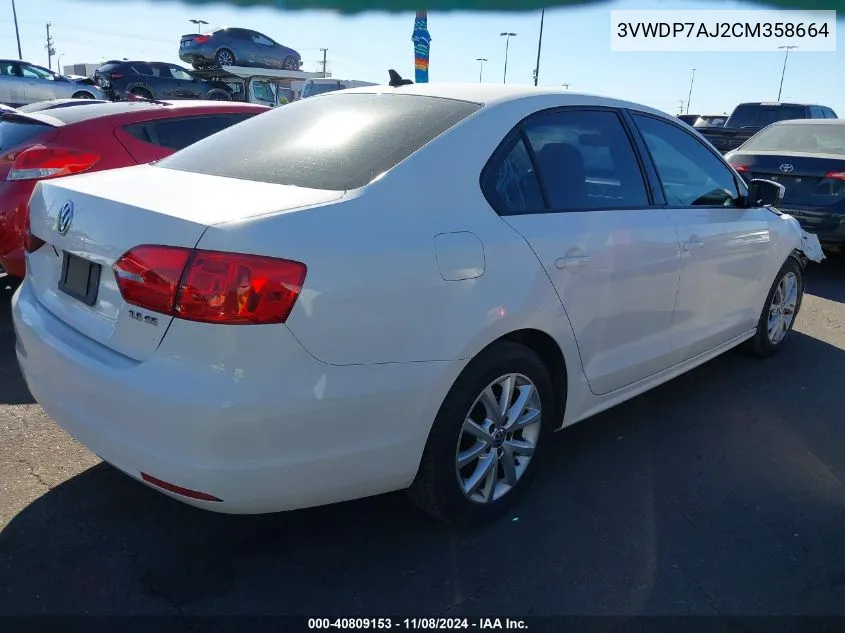 2012 Volkswagen Jetta 2.5L Se VIN: 3VWDP7AJ2CM358664 Lot: 40809153