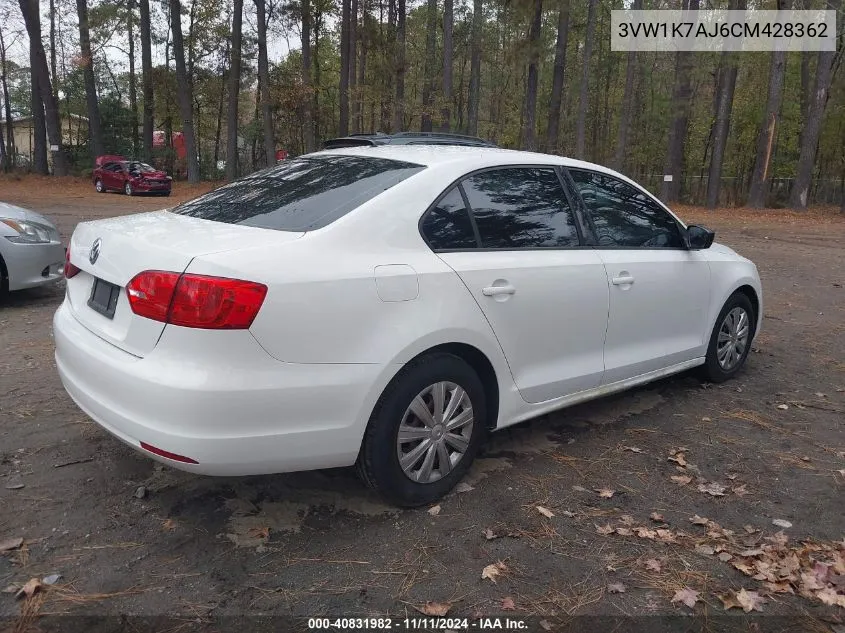 2012 Volkswagen Jetta S VIN: 3VW1K7AJ6CM428362 Lot: 40831982