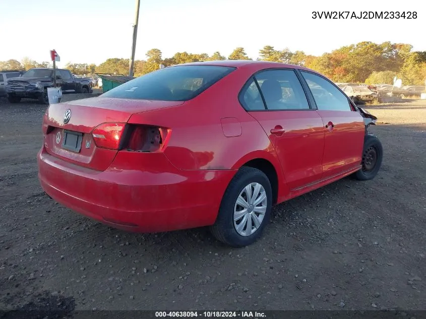 2013 Volkswagen Jetta 2.0L S VIN: 3VW2K7AJ2DM233428 Lot: 40638094