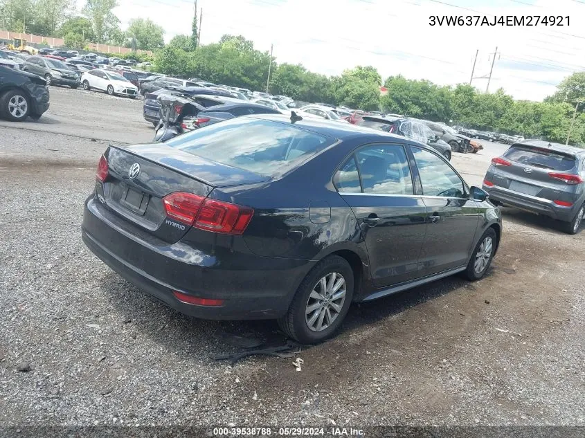 2014 Volkswagen Jetta Hybrid Se VIN: 3VW637AJ4EM274921 Lot: 39538290