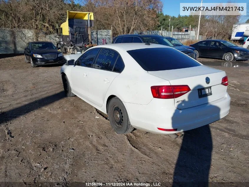 2015 Volkswagen Jetta Sedan VIN: 3VW2K7AJ4FM421743 Lot: 12156256