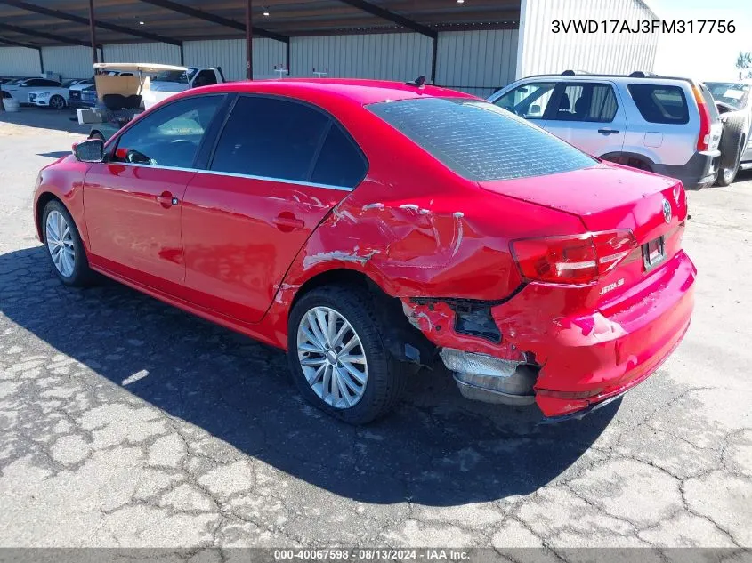 2015 Volkswagen Jetta 1.8T Se VIN: 3VWD17AJ3FM317756 Lot: 40067598