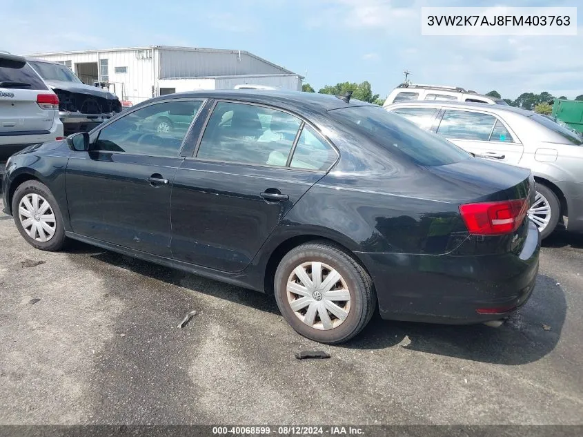 2015 Volkswagen Jetta 2.0L S VIN: 3VW2K7AJ8FM403763 Lot: 40068599