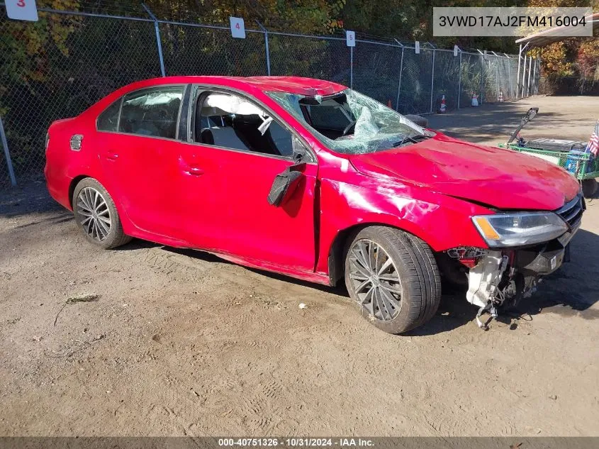 2015 Volkswagen Jetta 1.8T Sport VIN: 3VWD17AJ2FM416004 Lot: 40751326