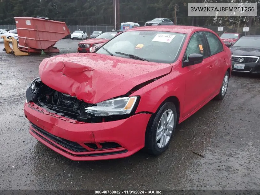 2015 Volkswagen Jetta 2.0L S VIN: 3VW2K7AJ8FM251256 Lot: 40759032