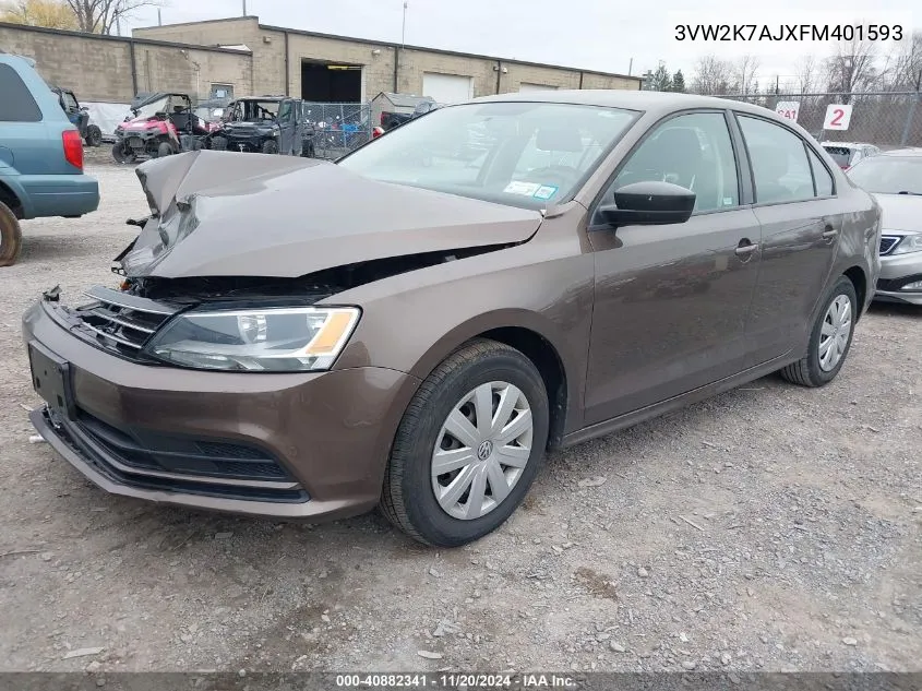 2015 Volkswagen Jetta 2.0L S VIN: 3VW2K7AJXFM401593 Lot: 40882341