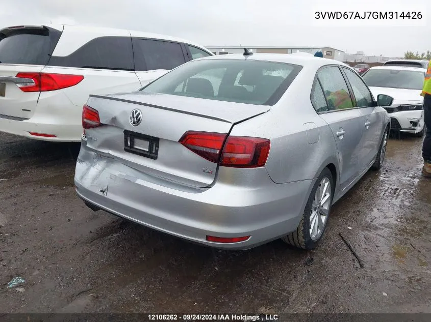 2016 Volkswagen Jetta Sedan VIN: 3VWD67AJ7GM314426 Lot: 12106262