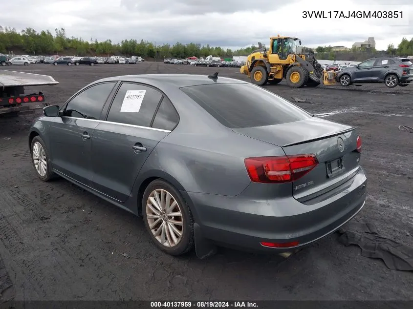 3VWL17AJ4GM403851 2016 Volkswagen Jetta 1.8T Sel