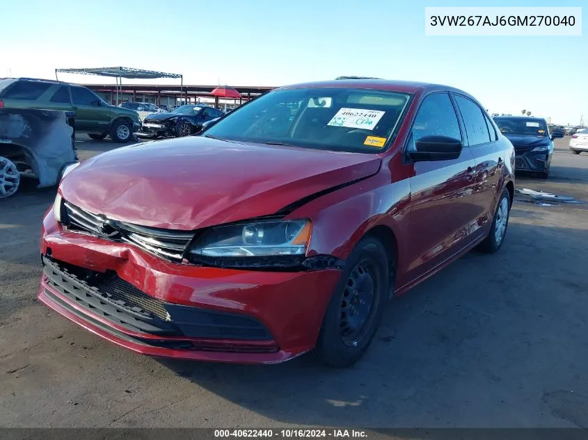 2016 Volkswagen Jetta 1.4T S VIN: 3VW267AJ6GM270040 Lot: 40622440