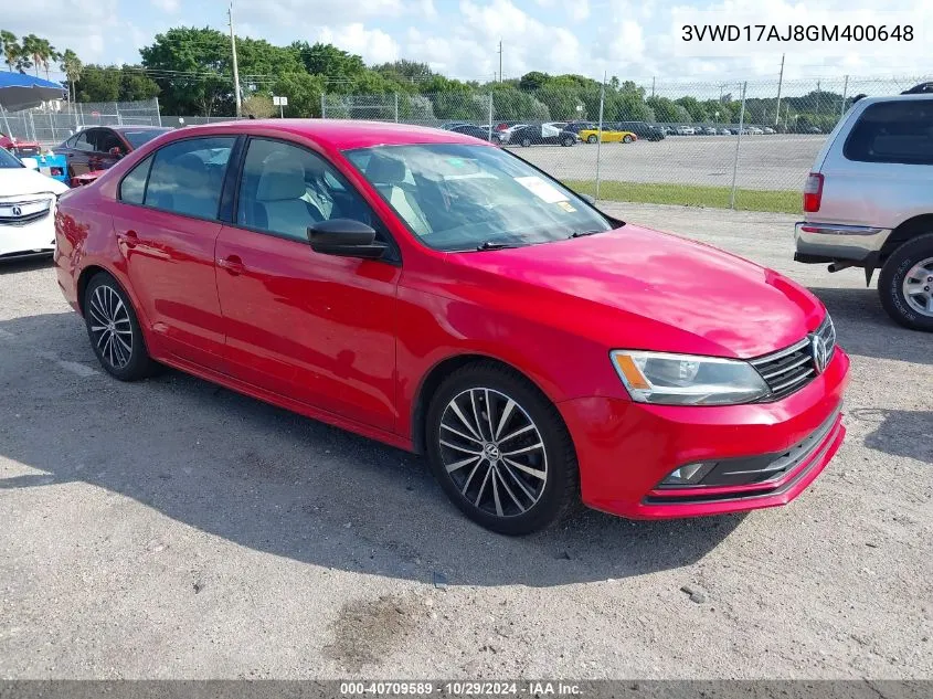 2016 Volkswagen Jetta 1.8T Sport VIN: 3VWD17AJ8GM400648 Lot: 40709589