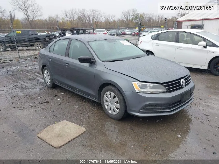 2016 Volkswagen Jetta 1.4T S VIN: 3VW267AJ2GM281651 Lot: 40767643