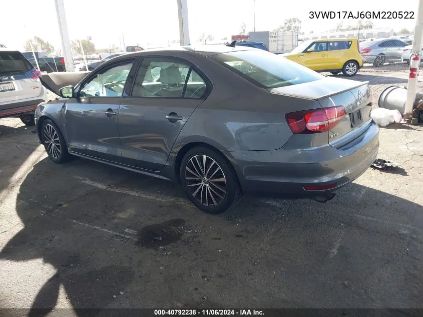 2016 Volkswagen Jetta 1.8T Sport VIN: 3VWD17AJ6GM220522 Lot: 40792238