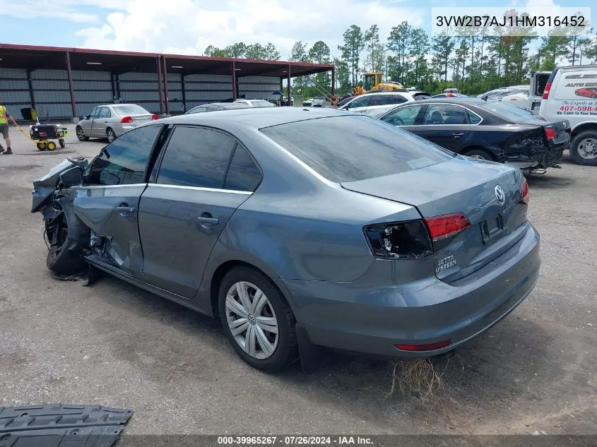 2017 Volkswagen Jetta S VIN: 3VW2B7AJ1HM316452 Lot: 39965267