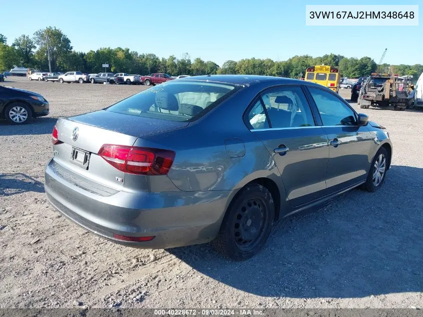 2017 Volkswagen Jetta 1.4T S VIN: 3VW167AJ2HM348648 Lot: 40228672