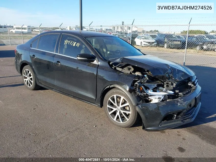 2017 Volkswagen Jetta Se VIN: 3VWDB7AJ0HM274526 Lot: 40472681