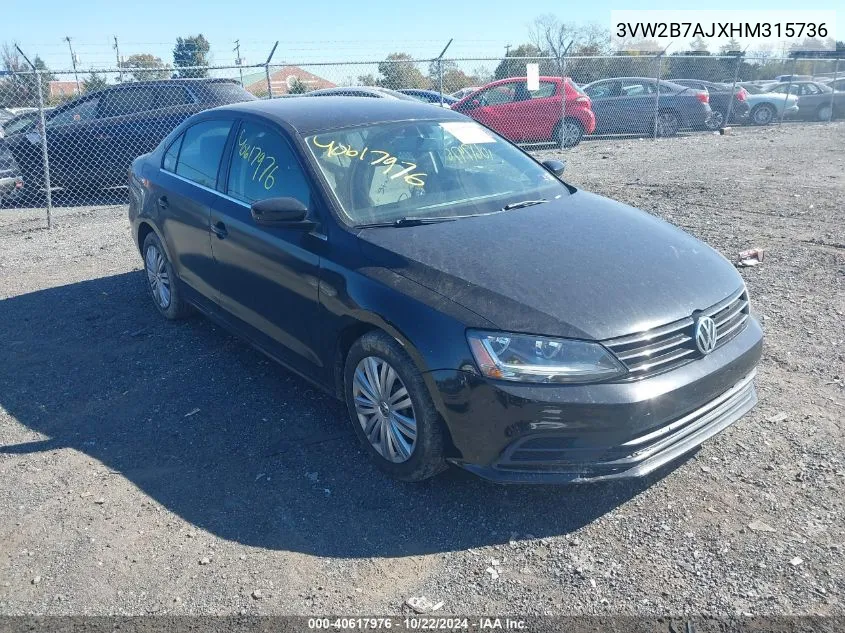 2017 Volkswagen Jetta 1.4T S VIN: 3VW2B7AJXHM315736 Lot: 40617976