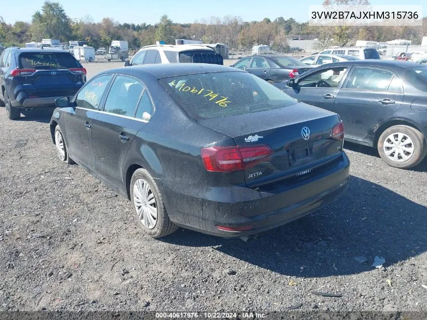 2017 Volkswagen Jetta 1.4T S VIN: 3VW2B7AJXHM315736 Lot: 40617976