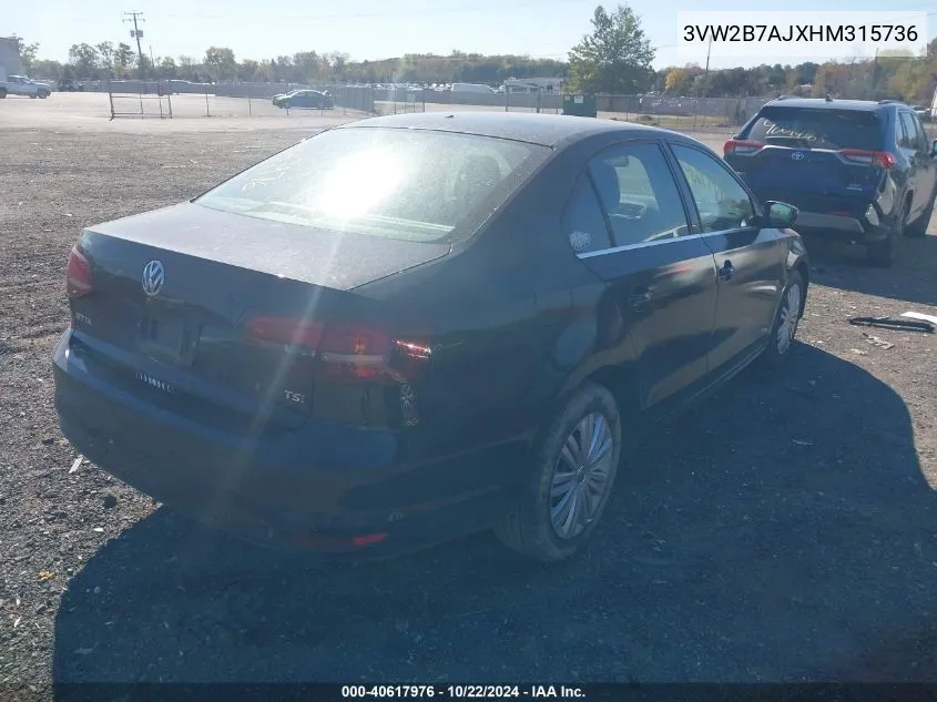 2017 Volkswagen Jetta 1.4T S VIN: 3VW2B7AJXHM315736 Lot: 40617976