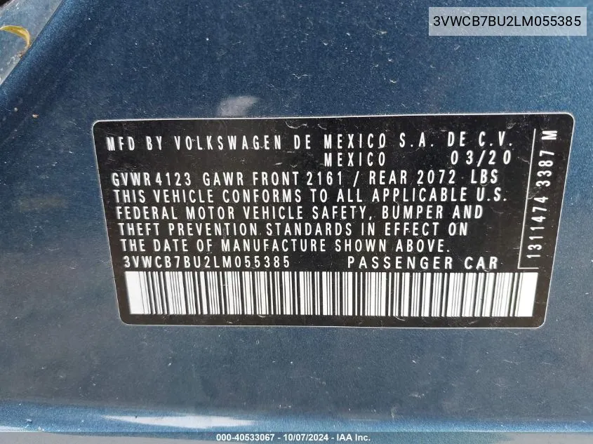 3VWCB7BU2LM055385 2020 Volkswagen Jetta S/Se/R-Line