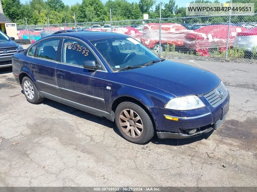 2002 Volkswagen Passat Gls VIN: WVWPD63B42P449551 Lot: 39759533