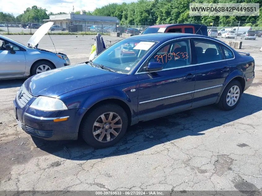 2002 Volkswagen Passat Gls VIN: WVWPD63B42P449551 Lot: 39759533