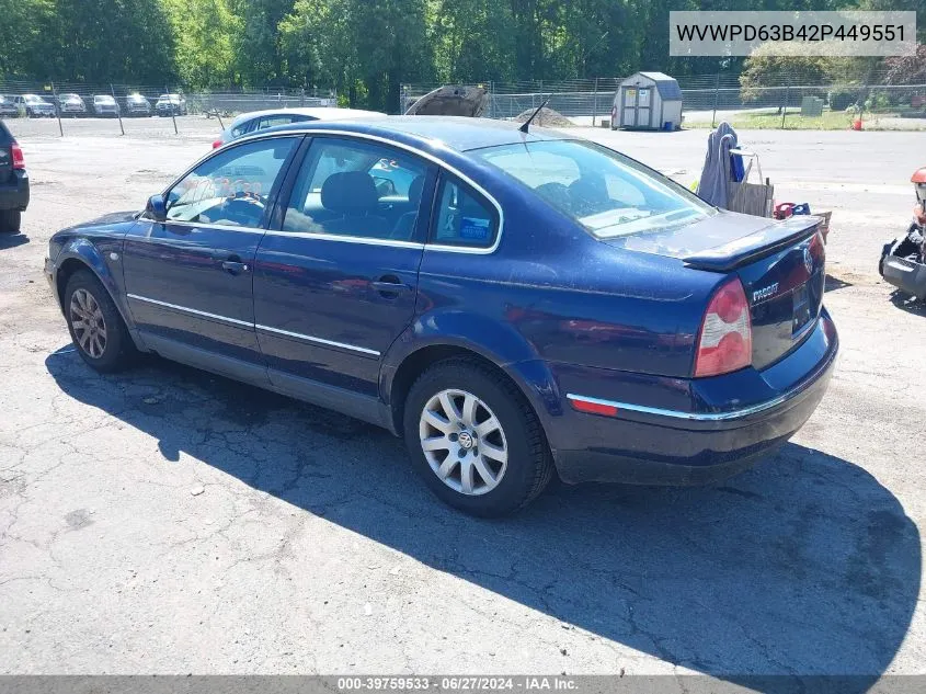 2002 Volkswagen Passat Gls VIN: WVWPD63B42P449551 Lot: 39759533