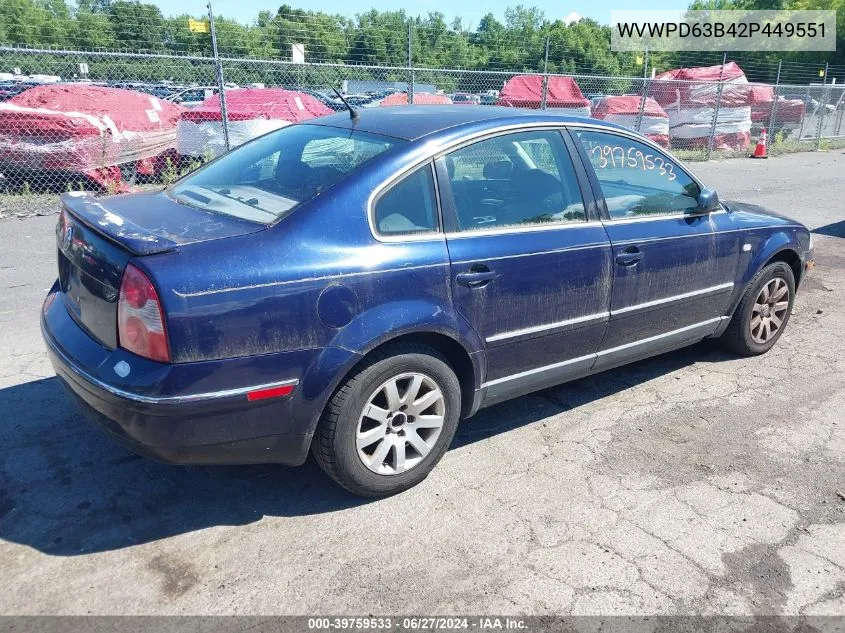 2002 Volkswagen Passat Gls VIN: WVWPD63B42P449551 Lot: 39759533