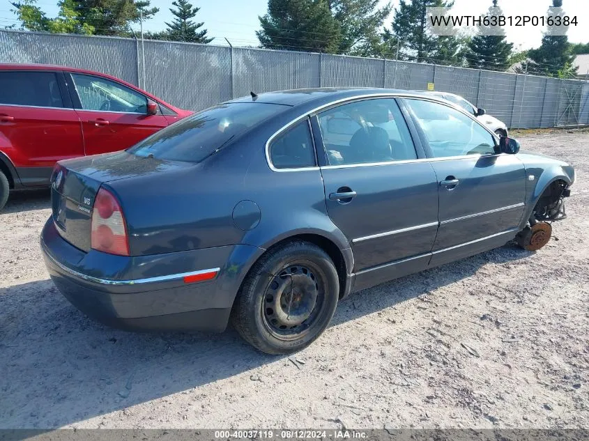 2002 Volkswagen Passat Glx VIN: WVWTH63B12P016384 Lot: 40037119