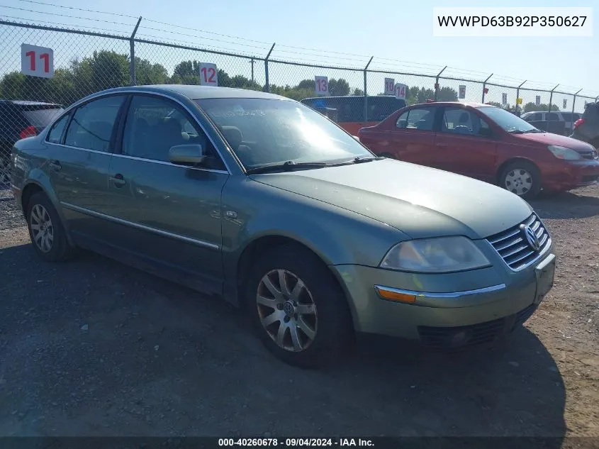 2002 Volkswagen Passat Gls VIN: WVWPD63B92P350627 Lot: 40260678