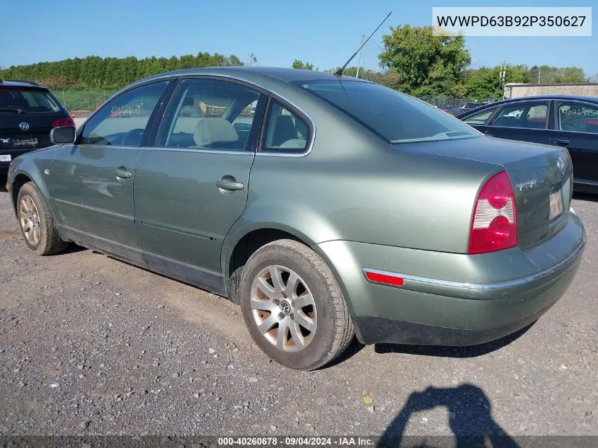 2002 Volkswagen Passat Gls VIN: WVWPD63B92P350627 Lot: 40260678