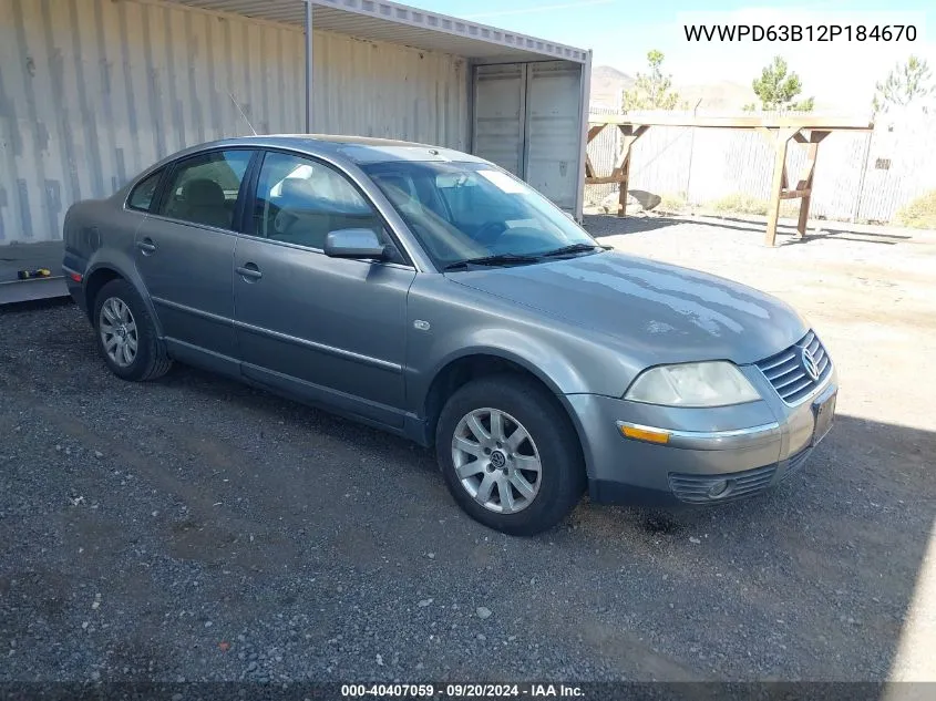 2002 Volkswagen Passat Gls VIN: WVWPD63B12P184670 Lot: 40407059