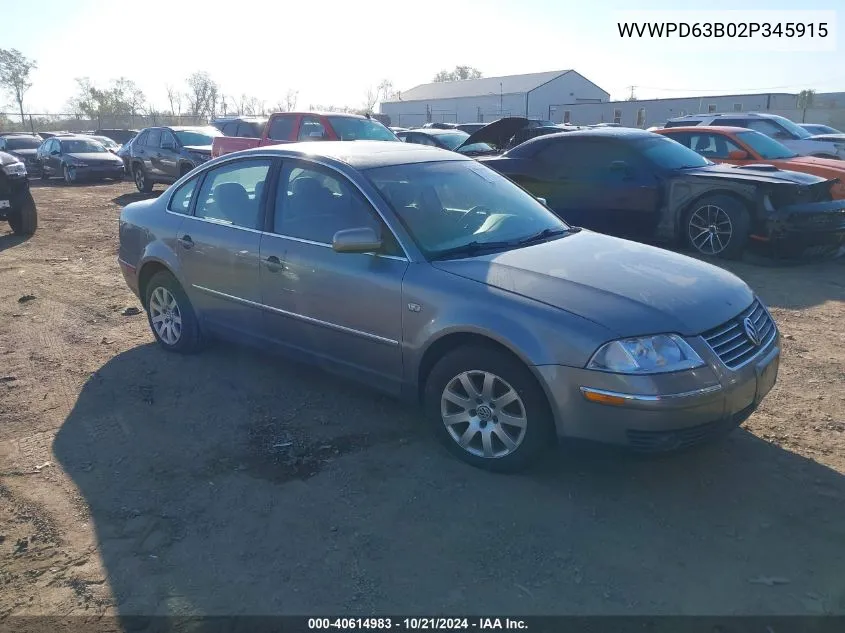 2002 Volkswagen Passat Gls VIN: WVWPD63B02P345915 Lot: 40614983