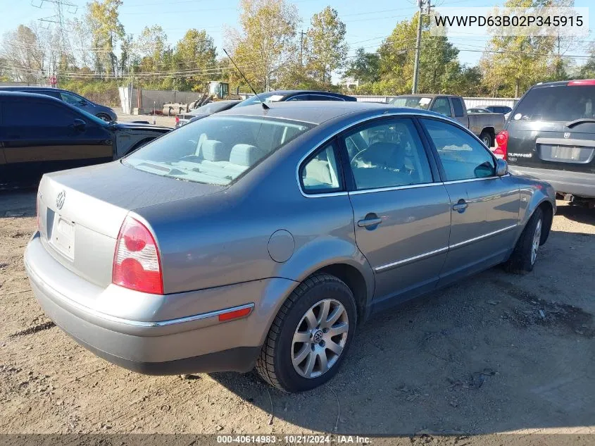 2002 Volkswagen Passat Gls VIN: WVWPD63B02P345915 Lot: 40614983