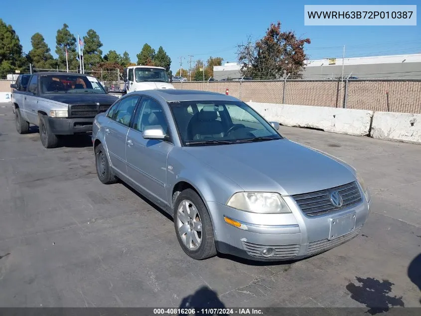 2002 Volkswagen Passat Glx VIN: WVWRH63B72P010387 Lot: 40816206