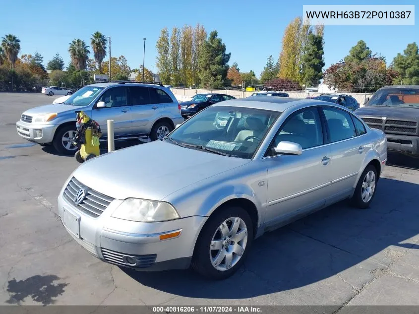 2002 Volkswagen Passat Glx VIN: WVWRH63B72P010387 Lot: 40816206